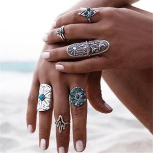 9 piece boho turquoise and silver ring set
